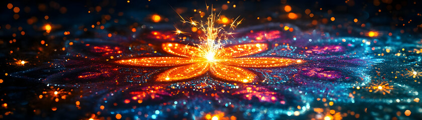 Obraz premium Vibrant Abstract Rangoli with Sparklers - A Colorful Digital Art Banner Capturing Festival Essence with Intricate Details and Modern Twist