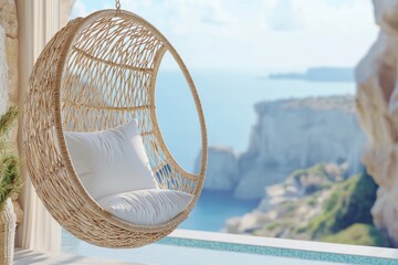 Suspended armchair on background of a tropical beachside summer landscape set against a rattan oval shaped pendant chair with white pillows. Stock photo.