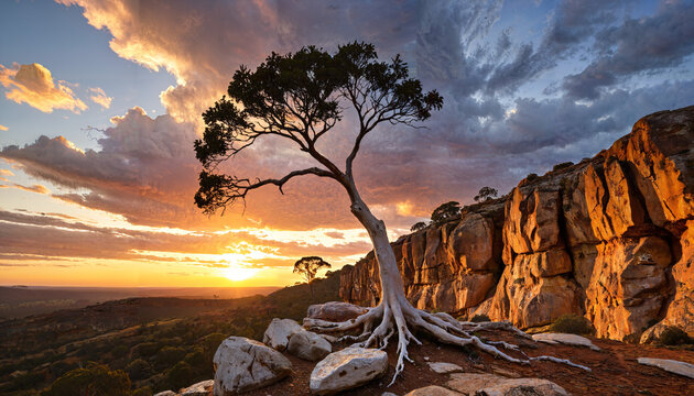 "Arbre solitaire au coucher du soleil sur les falaises"