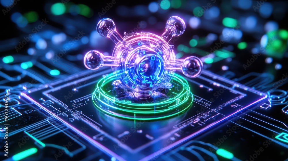 Poster futuristic digital design featuring a glowing atom on a circuit board, symbolizing advanced technolo