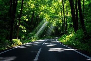 Fototapeta premium A narrow rural road weaving through a dense forest, with sunlight filtering through the canopy of leaves above
