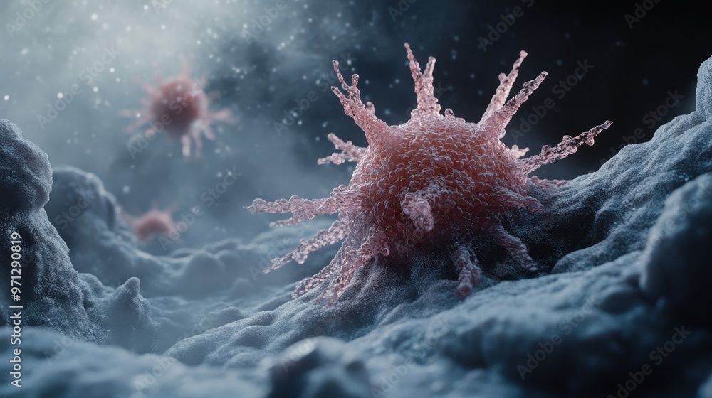 Aufkleber detailed 3d rendering of a cancerous cell showing disrupted structure and abnormal characteristics |