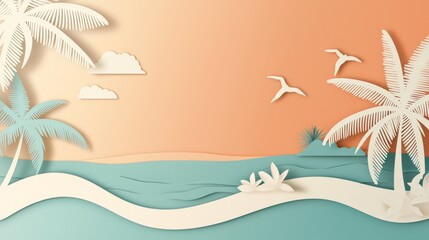 Obraz premium Sea with sky and cloud of paper cut. travel concept paper art background. Holiday summer