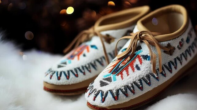 Beautiful native american beaded moccasins on snowy bed with twinkling christmas lights, showcasing rich culture and traditions. Perfect holiday gift or decoration