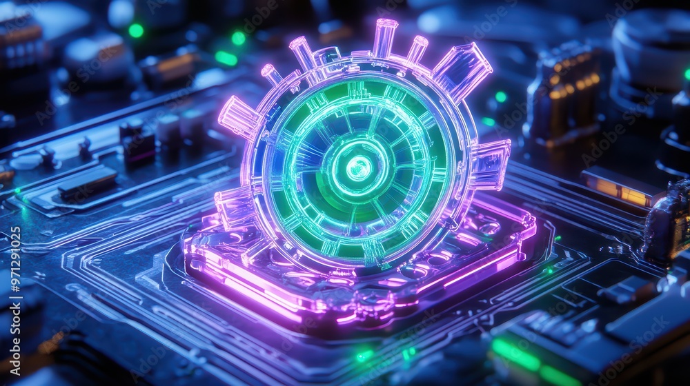 Poster futuristic digital interface with glowing neon elements, showcasing advanced technology and innovati