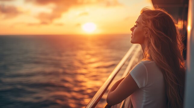 Woman watching the sunset from a cruise ship