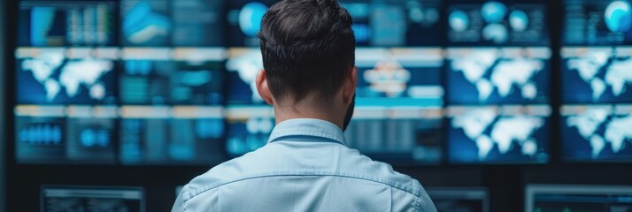 Back view of a man in front of multiple screens displaying global data and analytics, symbolizing technology, information processing, and worldwide data analysis.