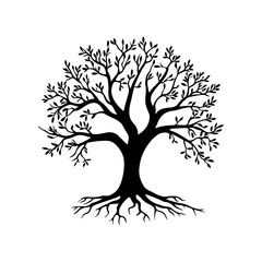 Fototapeta premium Black vector silhouette of a tree with sprawling branches and roots isolated on white