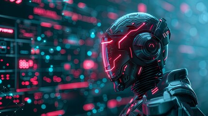 Futuristic Robot with Glowing Red Lights in a Cybernetic World