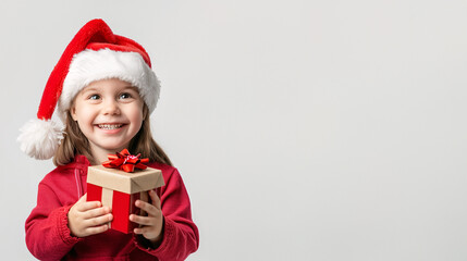 A cute and happy American white girl dressing in the Christmas costume like a Santa Claus and holding a gift box on a plain white background with copy space for text.
