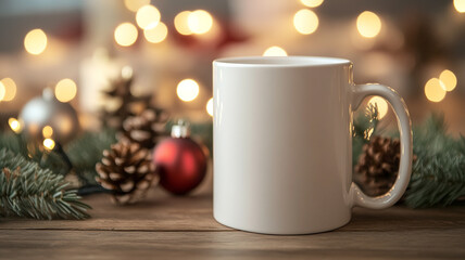 A white blank mug mockup with Christmas decorations and bokeh lights in the background