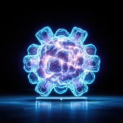 Futuristic digital representation of a glowing virus molecule, showcasing intricate details and vibrant colors against a dark background.