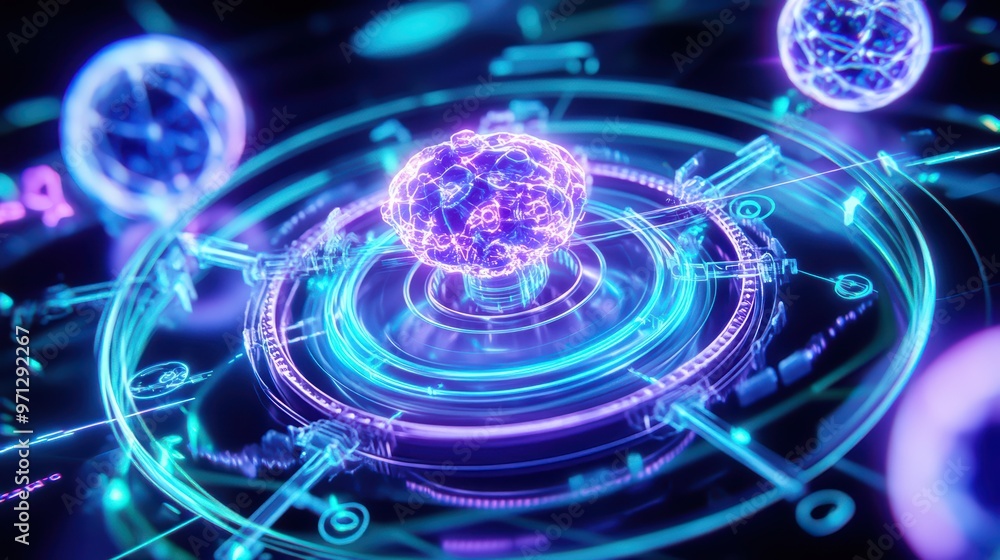 Poster futuristic digital representation of an atom with glowing particles, vibrant colors, and intricate p