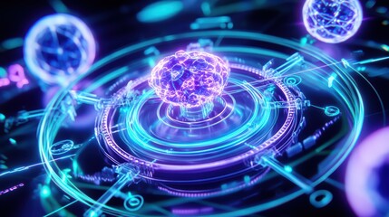 Futuristic digital representation of an atom with glowing particles, vibrant colors, and intricate patterns, perfect for science concepts.