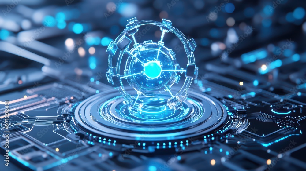 Poster futuristic digital sphere glowing in blue light, surrounded by intricate circuit patterns, symbolizi