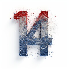 The number 14 is formed from red, white, and blue particles that are exploding outwards, creating a visually engaging and abstract design.