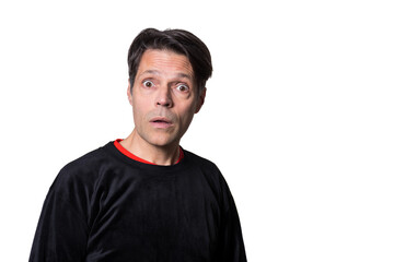 Middle-aged man with astonished expression, on white background, wearing casual clothes.