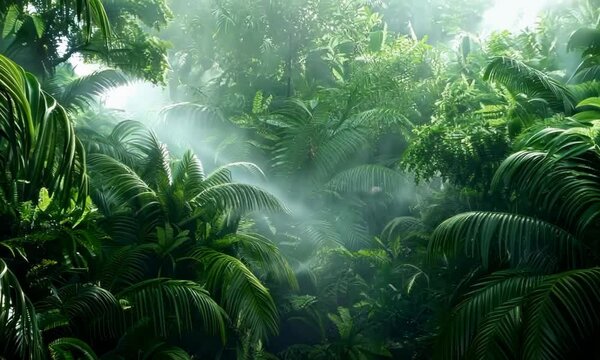 Dense jungle canopy shrouded in mist and humidity, hyperrealistic Video