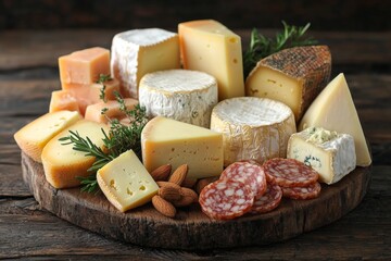 Assortment of cheese on wooden table, closeup. Dairy products. Cheese Selection. Large assortment of international cheese specialities.
