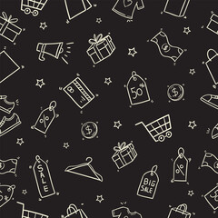 Black Friday Seamless Pattern doodle Of Shopping Icons elements Vector Illustration black and white.