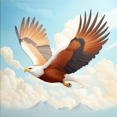 Fototapeta premium Majestic Eagle Soaring Through Clouds with Mountain Range in Background