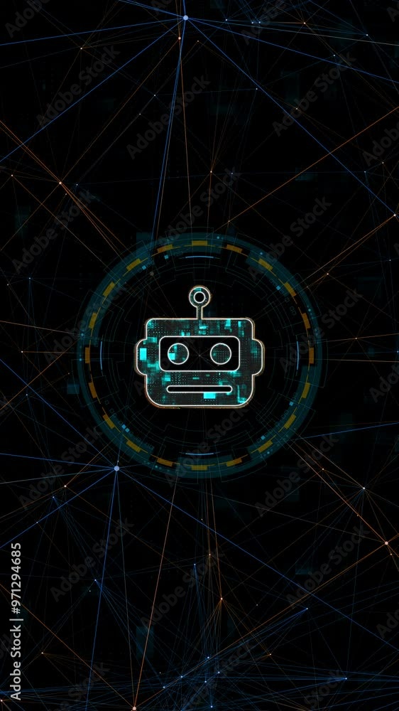 Poster motion graphic of blue digital robot head with circle futuristic hud elements and orange line connec