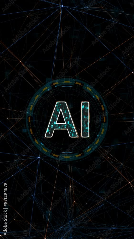 Poster motion graphic of blue digital ai logo with circle futuristic hud elements and orange line connectio