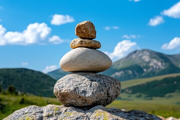 A rock balancing act, where large stones have been precariously placed atop each other in an impressive display of skill and patience