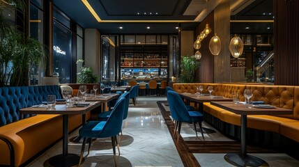 Fototapeta premium Modern Restaurant Interior Design with Blue Chairs and Yellow Booths