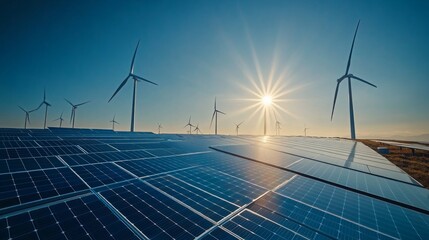 Wind turbines and solar panels at sunset, a symbol of renewable energy and clean energy.