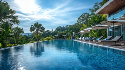 Luxury Infinity Pool with Palm Trees and Sunny Sky