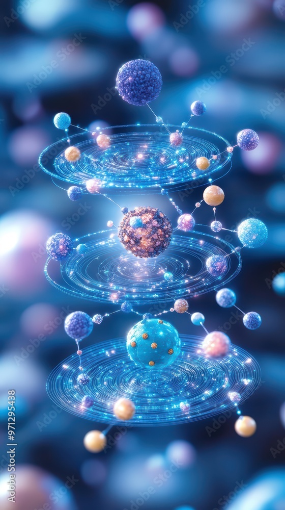 Poster intricate atomic structure depicted through vibrant spheres and sparkling connections, representing 