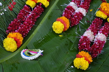 Colourful Flower Garlands at a Street Market in mandai during Ganesh Festival, Pune, India