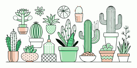 A minimalist line art collection of cacti and succulents in various shapes and sizes.

