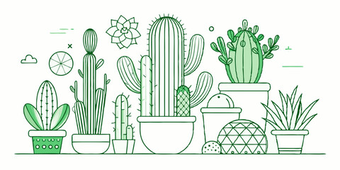 A minimalist line art collection of cacti and succulents in various shapes and sizes.

