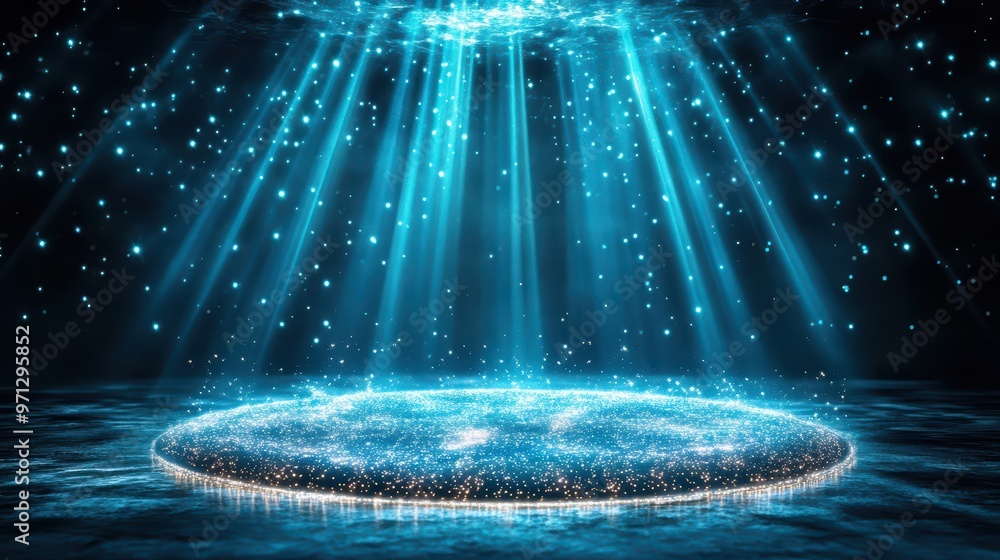 Aufkleber mesmerizing blue rays of light shining down on a sparkling surface, creating a captivating celestial