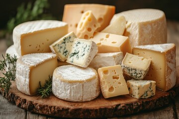 Assortment of cheese on wooden table, closeup. Dairy products. Cheese Selection. Large assortment of international cheese specialities.
