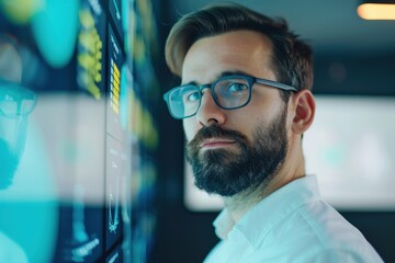 A man wearing glasses analyzes data visualizations and statistics on several large digital screens in a control room, focusing on data analysis.