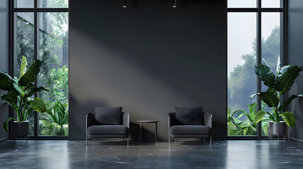 Dark waiting room interior with two armchairs and panoramic window 3D render. Generative Ai.