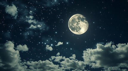 Naklejka premium A Beautiful Night Sky with a Full Moon and Twinkling Stars