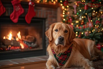 Golden Retriever by Roaring Fireplace with Christmas Decor

