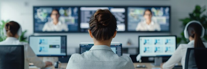 Obraz premium Back view of three women wearing headsets and working in a modern control room with multiple monitors during a video conference call.