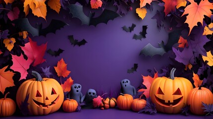 Halloween Pumpkins with Bats and Autumn Leaves on Purple Background