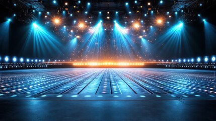Stunning stage setting with vibrant lights and a polished floor, perfect for events, performances, and artistic presentations.