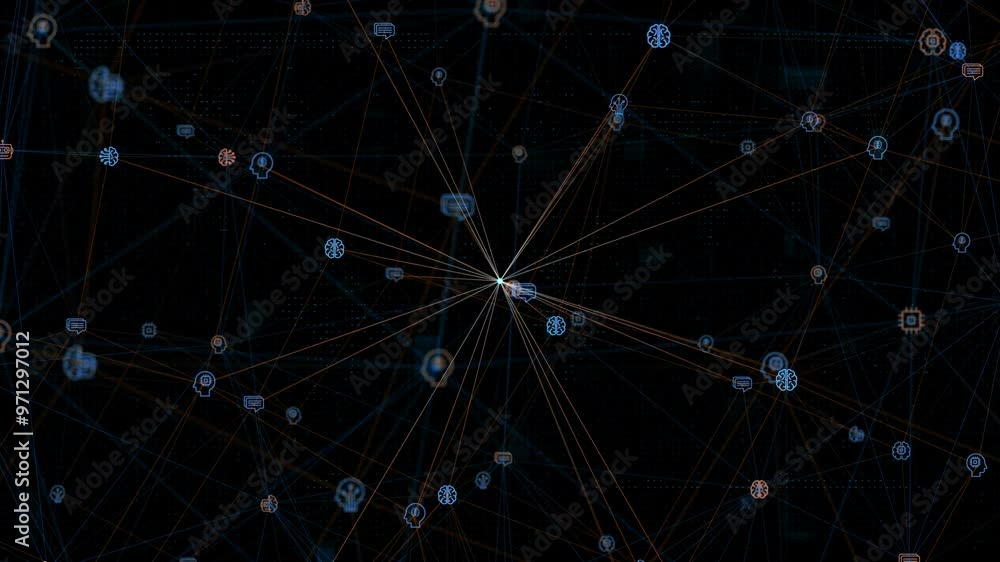 Poster motion graphic of blue digital ai icons linked on grid mesh and line connection on futuristic abstra