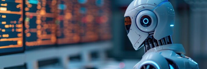 Side view of a futuristic humanoid robot monitoring and analyzing complex data displayed on large digital screens in a high-tech control room.