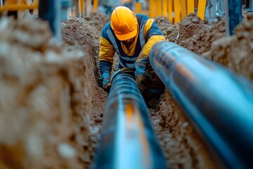 Close-up of a construction worker working on a large plastic pipe for water and gas installation in a trench, at a construction site during landscape development