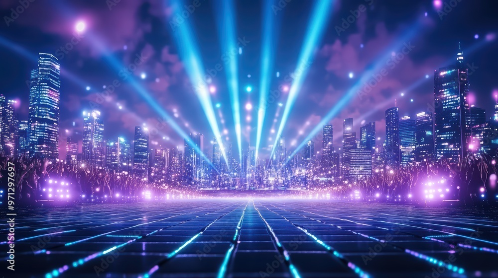 Poster vibrant city skyline illuminated by dynamic lights and lasers, creating an electrifying atmosphere f
