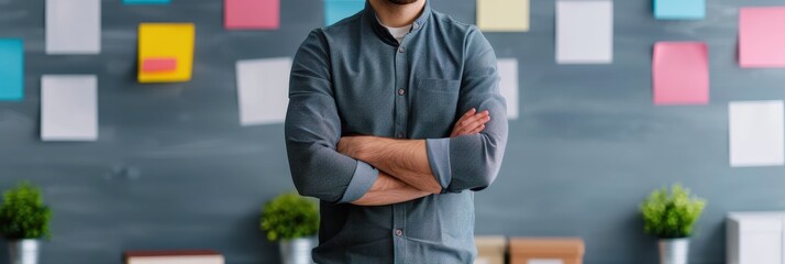 A man standing with his arms crossed in front of a chalkboard covered in colorful sticky notes, symbolizing planning, creativity, and organization.