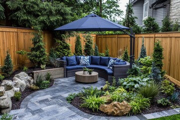 Naklejka premium Beautiful plants, horizontal cedar fencing, and a matching gate and arbor frame a private entrance to an urban backyard garden. Casual patio furniture with a canopy.